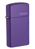 Front of Slim Purple Matte Zippo Logo Windproof Lighter standing at a 3/4 angle