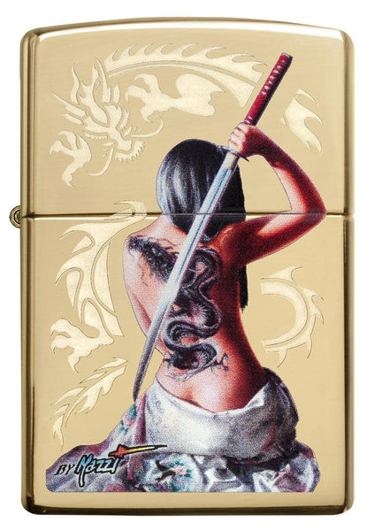 Front shot of Mazzi Girl High Polish Brass Windproof Lighter