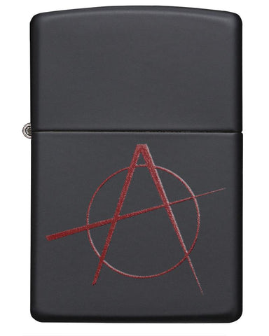 Front view of Red Anarchy Symbol on Black Matte Windproof Lighter