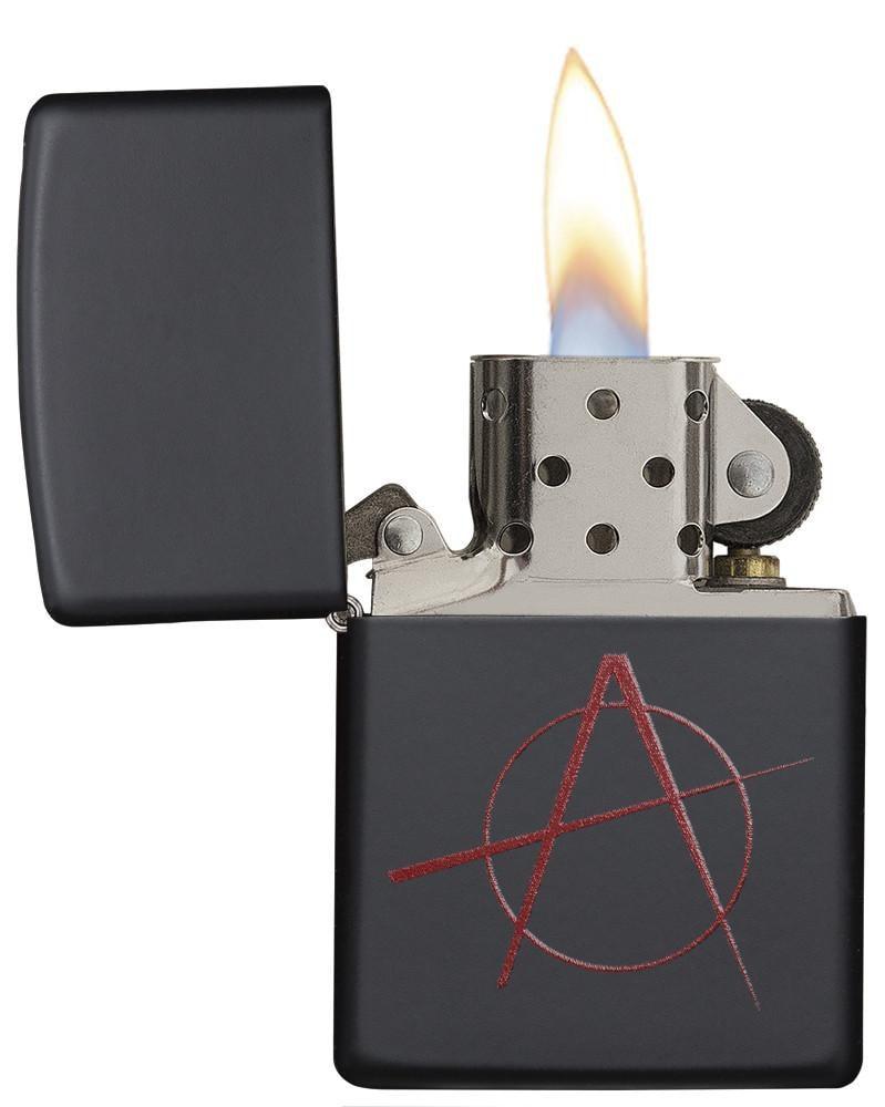 Red Anarchy Symbol on Black Matte Windproof Lighter with its lid open and lit