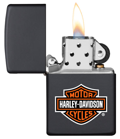 218HD, Harley-Davidson Classic, Color Image, Black Matte, Classic Case with its lid open and lit