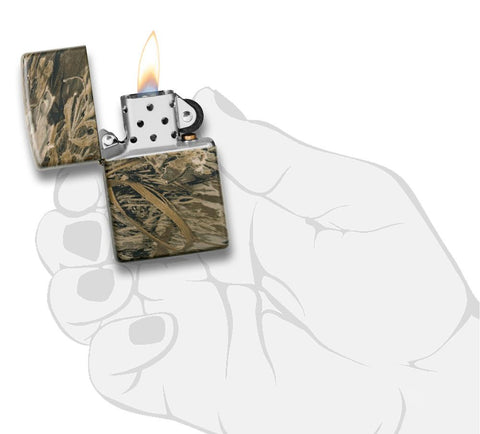 Authentic Zippo Lighter - Realtree Pattern lit in hand