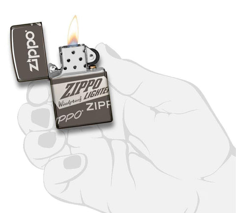 Front view of the Zippo Logo Design, in hand, open and lit