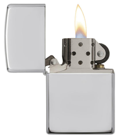 Armor® High Polish Sterling Silver Windproof Lighter with its lid open and lit