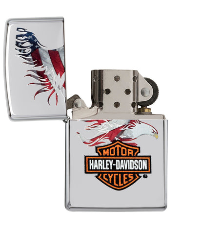 Harley-Davidson® Eagle American Flag High Polish Chrome Windproof Lighter with its lid open and unlit