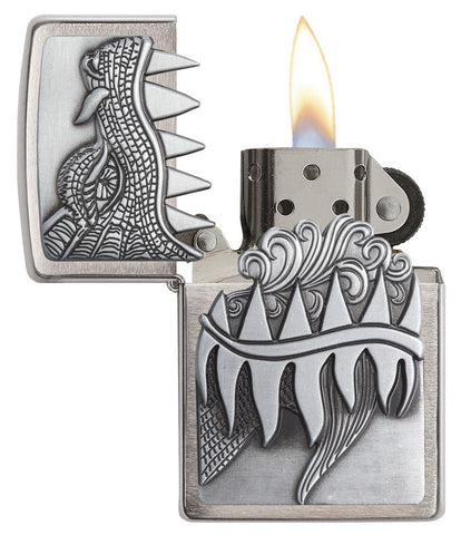 28969, Fire Breathing Dragon, Emblem Attached, Brushed Chrome, Classic Case