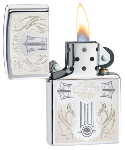 Harley-Davidson® Cross Chrome Windproof Lighter with its lid open and lit