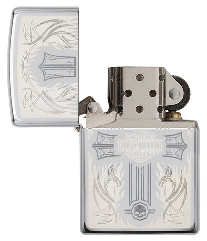 Harley-Davidson® Cross Chrome Windproof Lighter with its lid open and unlit