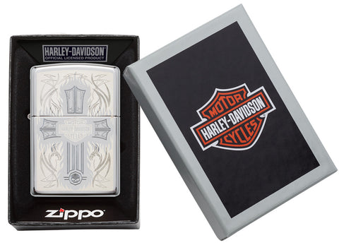 Harley-Davidson® Cross Chrome Windproof Lighter in its packaging