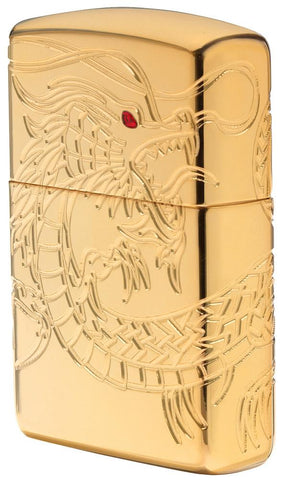 Armor® Asian Dragon 360-Degree Gold-Plate Windproof Lighter standing at an angle, showing the right side