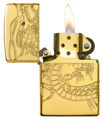 Armor® Asian Dragon 360-Degree Gold-Plate Windproof Lighter with its lid open and lit