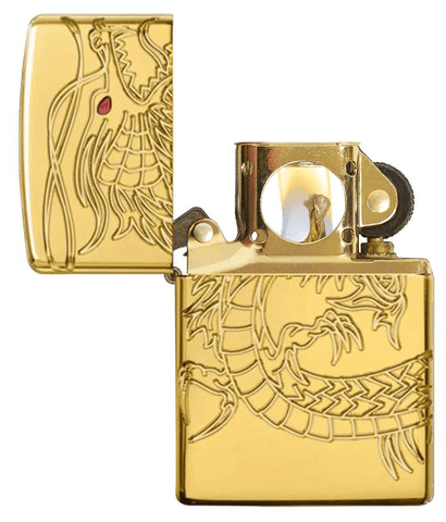 Armor® Asian Dragon 360-Degree Gold-Plate Pipe Lighter with its lid open and lit