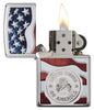 United States Stamp on American Flag Chrome Windproof Lighter with its lid open and lit