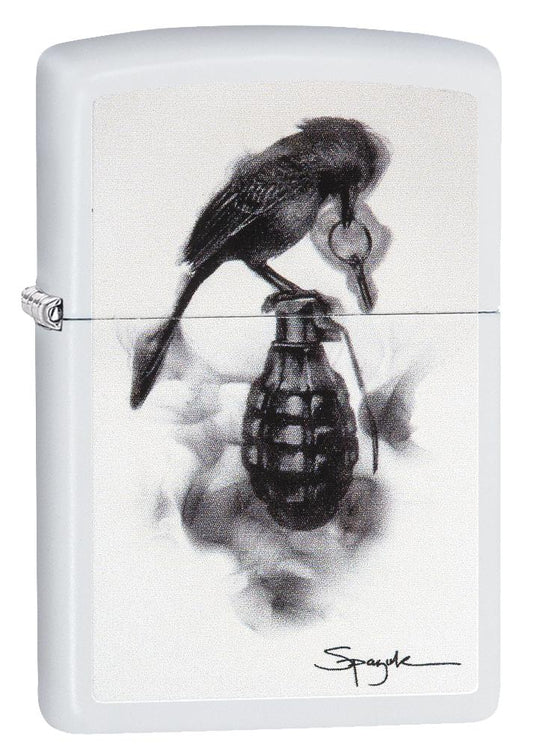 29645, Steven Spazuk Art with Black Bird Rest on Hand Grenade, Color Image, White Matte Finish