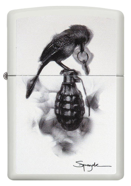 29645, Steven Spazuk Art with Black Bird Rest on Hand Grenade, Color Image, White Matte Finish