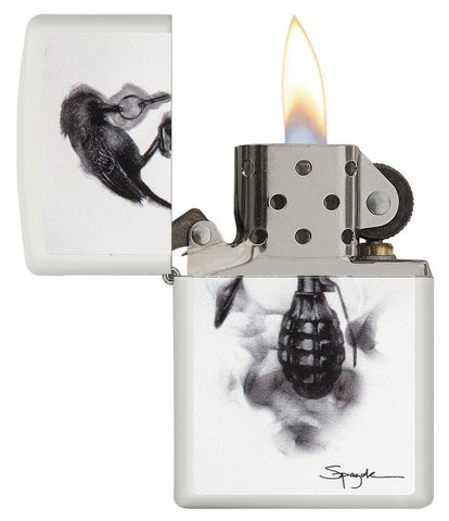 29645, Steven Spazuk Art with Black Bird Rest on Hand Grenade, Color Image, White Matte Finish
