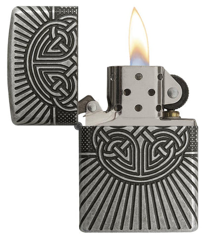 Armor® Celtic Cross Design Windproof Lighter with its lid open and lit