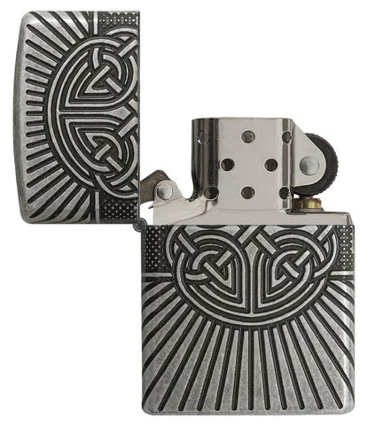 Armor® Celtic Cross Design Windproof Lighter with its lid open and not lit
