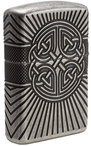 Back view of Armor® Celtic Cross Design Windproof Lighter standing at a 3/4 angle
