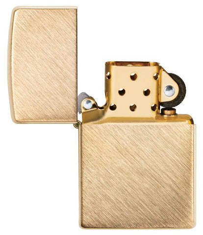Classic Herringbone Sweep Brass Windproof Lighter with its lid open and unlit