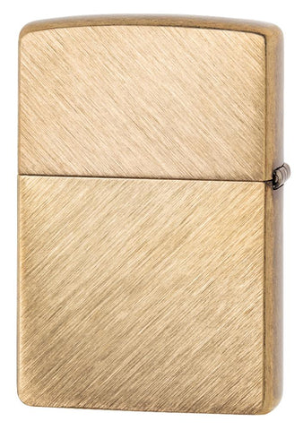 Back view of Classic Herringbone Sweep Brass Windproof Lighter standing at a 3/4 angle