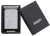 Zippo Gold Script Satin Chrome Windproof Lighter in its packaging