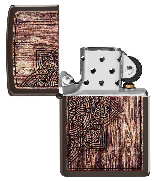 Wood Mandala Design Brown Matte Windproof Lighter with its lid open and not lit