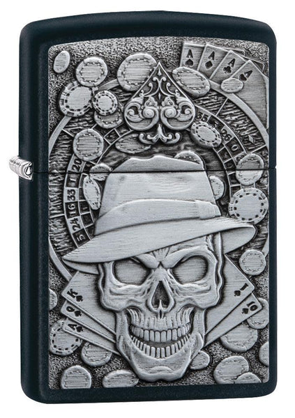 Gambling Skull Black Matte windproof lighter facing forward at a 3/4 angle