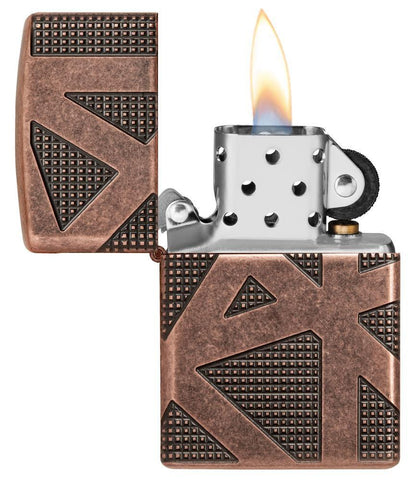 Armor® Geometric 360 Design Windproof Lighter with its lid open and lit