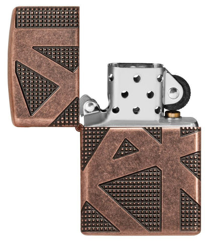Armor® Geometric 360 Design Windproof Lighter with its lid open and unlit