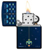 Pixel Game Navy Matte windproof lighter with its lid open and lit
