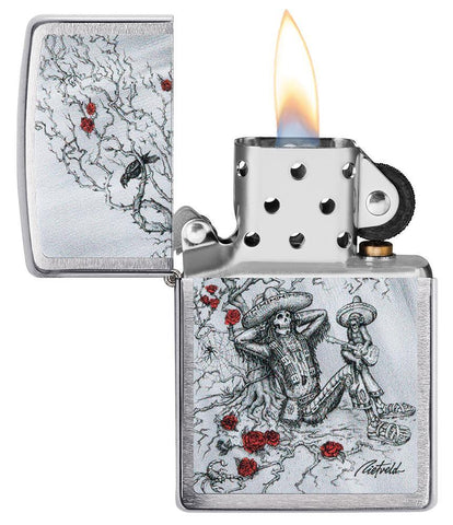 Rietveld Skeleton design Brushed Chrome windproof lighter with its lid open and lit