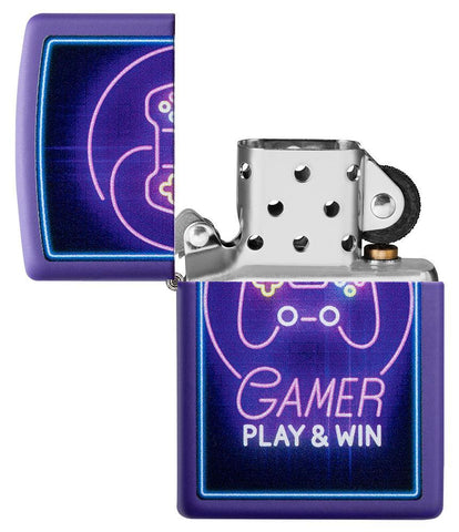 Gamer Purple Matte windproof lighter with its lid open and not lit