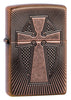 Armor Deep Carve Cross Design Antique Copper Windproof Lighter facing forward at a 3/4 angle
