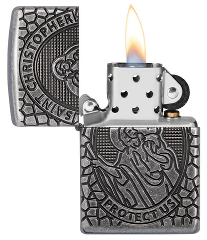 Armor St. Christopher Metal Antique Silver Windproof Lighter with its lid open and lit