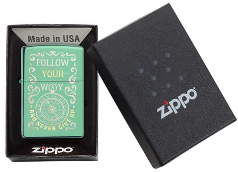 Follow Your Way High Polish Green Windproof Lighter in packaging