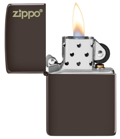 Brown Zippo Logo windproof lighter with the lid open and lit