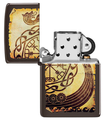 Viking Warship Design Brown Matte Windproof Lighter with its lid open and not lit