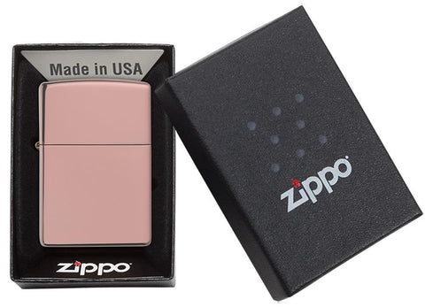 High Polish Rose Gold windproof lighter in packaging