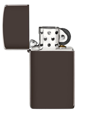 Slim Brown Windproof Lighter with its lid open and unlit