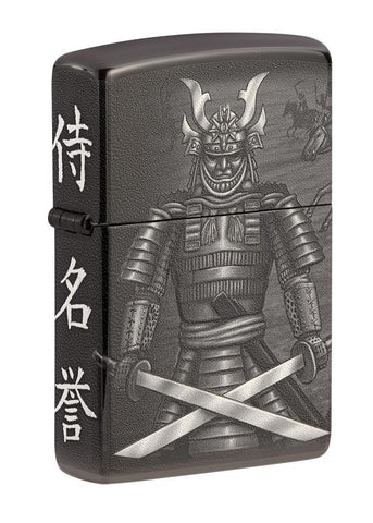 Front shot of Knight Fight Design High Polish Black Windproof Lighter standing at a 3/4 angle