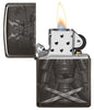 Knight Fight Design High Polish Black Windproof Lighter with its lid open and lit