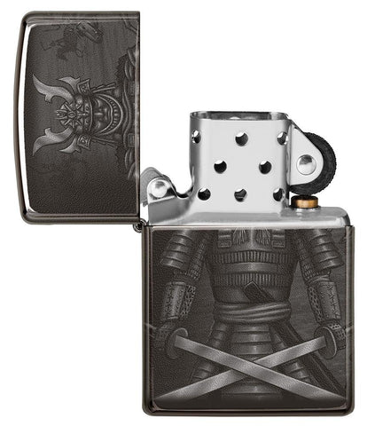 Knight Fight Design High Polish Black Windproof Lighter with its lid open and unlit