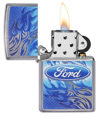 Ford Flame Logo Street Chrome™ Windproof Lighter with its lid open and lit