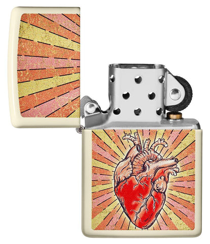 Heart Design Cream Matte Windproof Lighter with its lid open and unlit
