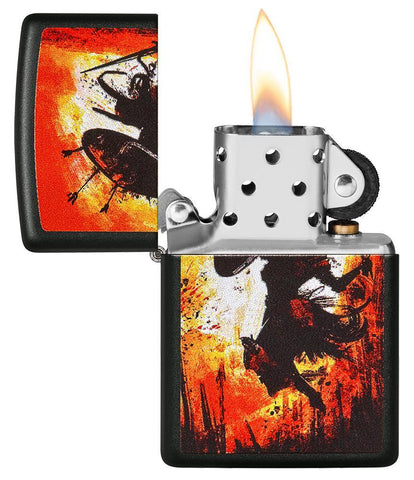 Warrior Design Black Matte Windproof Lighter with its lid open and lit