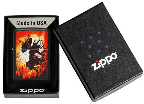 Warrior Design Black Matte Windproof Lighter in its packaging