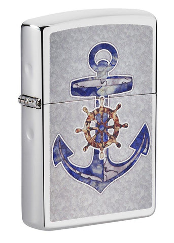 Front shot of Anchor Design High Polish Chrome Windproof Lighter standing at a 3/4 angle
