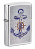 Front shot of Anchor Design High Polish Chrome Windproof Lighter standing at a 3/4 angle