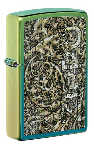 Front shot of Zippo Design High Polish Teal Windproof Lighter standing at a 3/4 angle